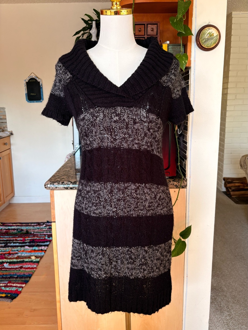 Pink Rose Striped Knit Sweater Dress in Black and Heather Gray